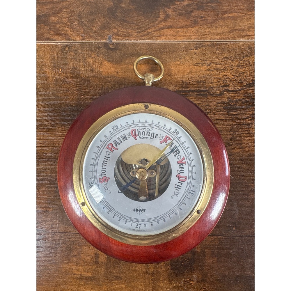 Vintage Swift West Germany Aneroid Barometer Round Wood Brass Wall Weather Gauge